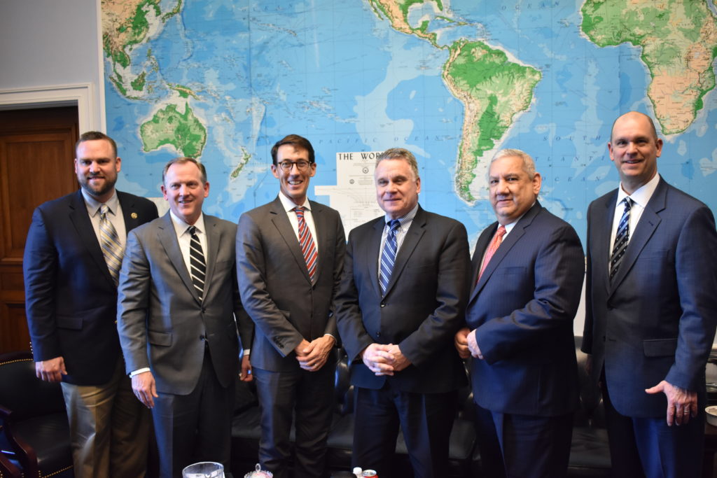 From left: AMO Chief Engineer Mike Hoffman, American President Lines President Eric Mensing, TOTE Director of Communications Christopher Smith, Congressman Chris Smith (R-New Jersey), SIU Executive VP Augie Tellez and Maersk Vice President U.S. Government Relations Doug Morgante