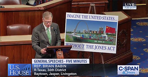 Congressman Babin speaks on the House floor and uses an illustration to warn of the dangers of waiving the Jones Act